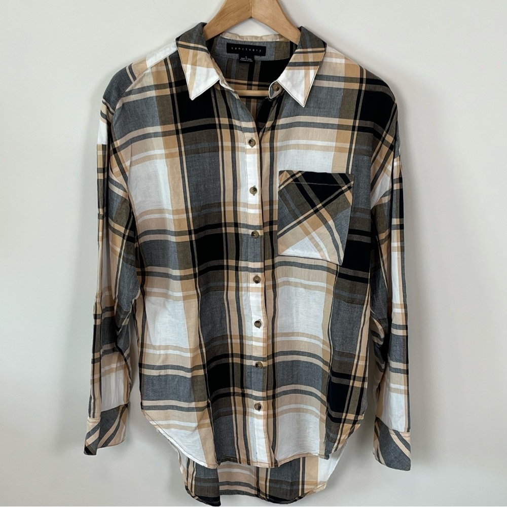 Sanctuary Women's Black Tan White Plaid Boyfriend Tunic Shirt - Size S